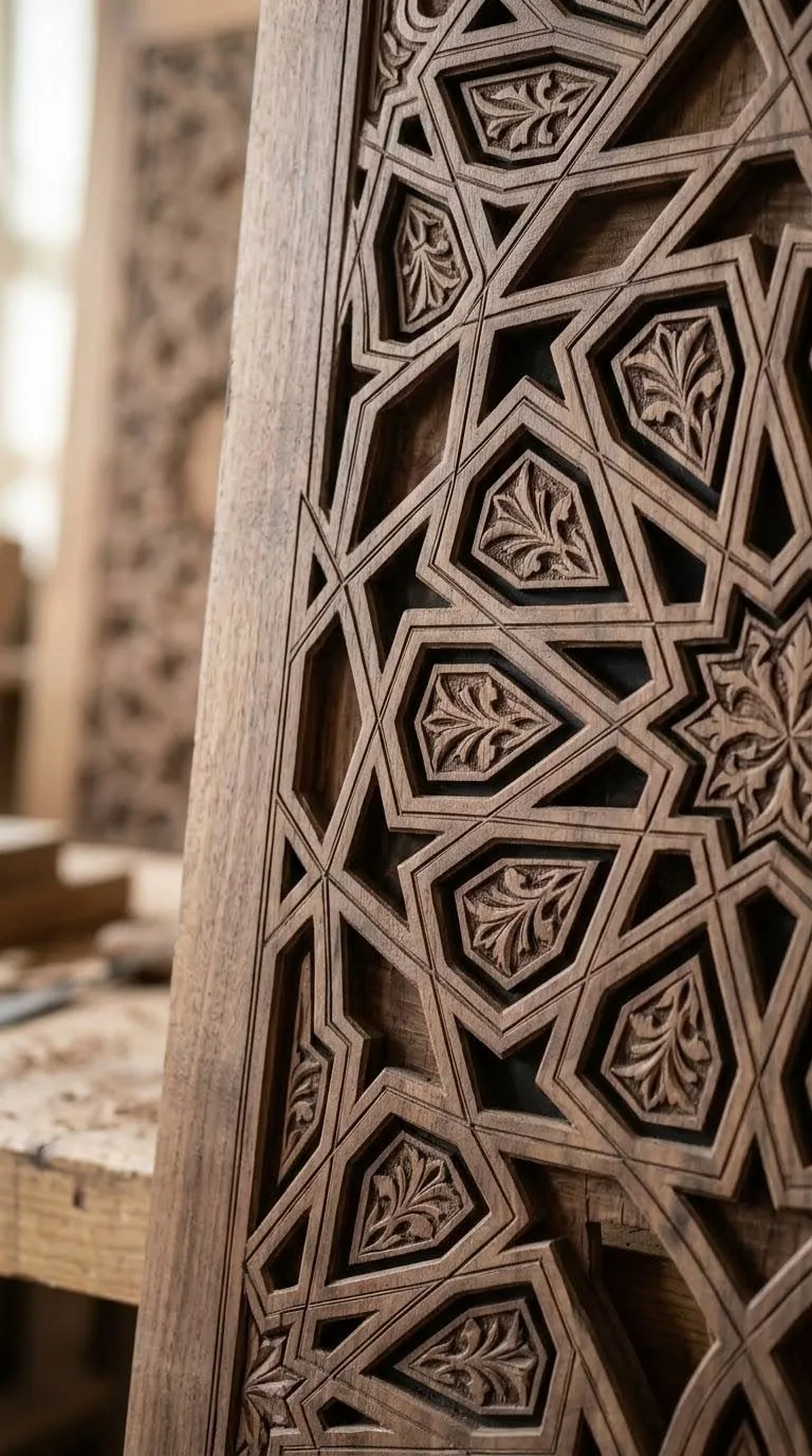 حفر دمشقيّ (أويماً) بنقش هندسيّ على لوح خشب
